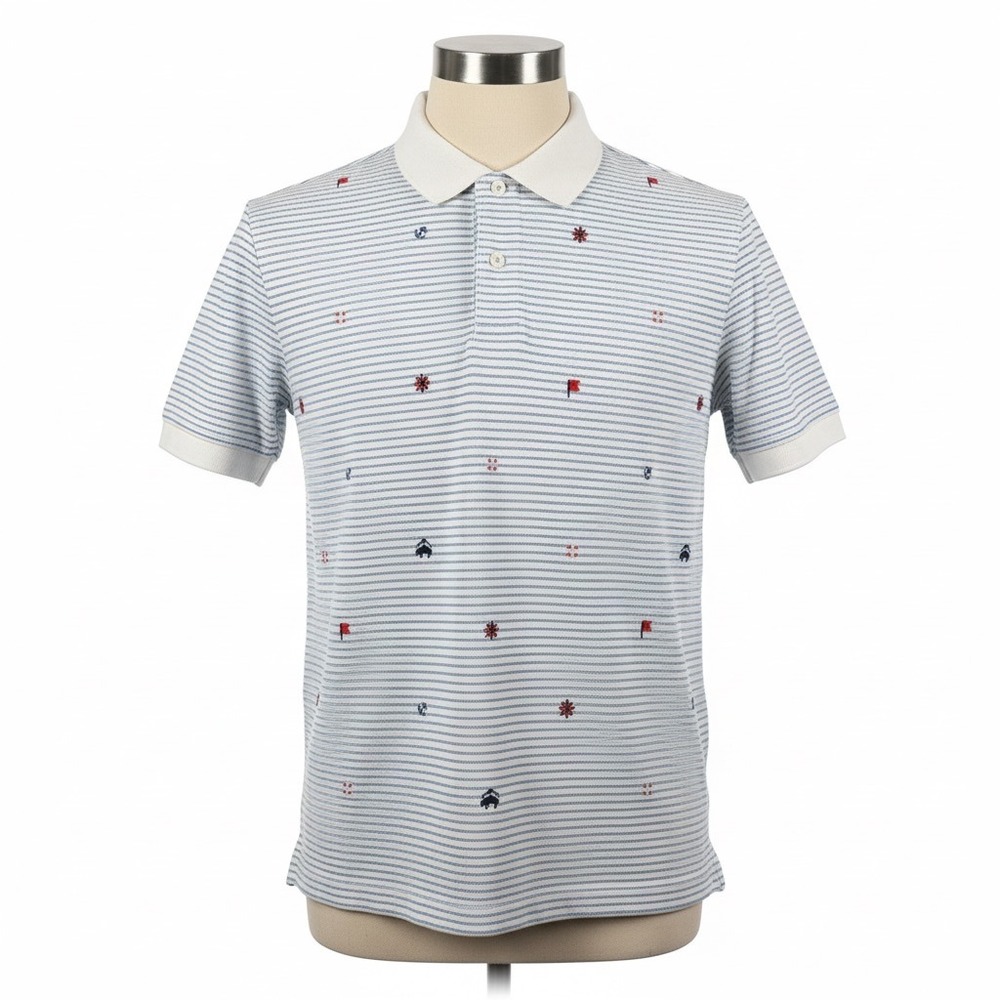 Brooks Brothers White & Light Blue Striped Polo with Red & Navy Motifs